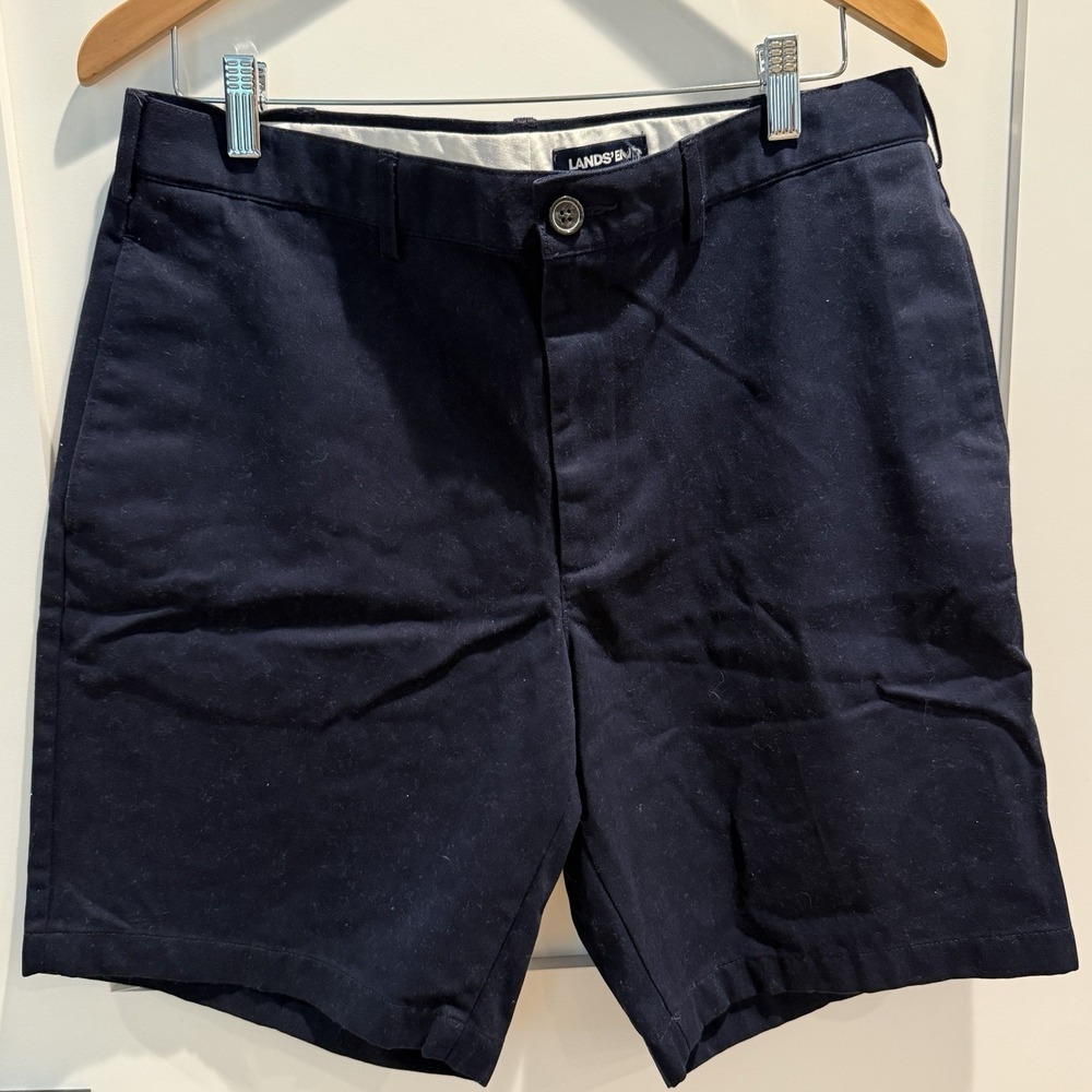 Lands End Mens Navy Traditional Fit Chino Shorts Size 34 Cotton Coastal Preppy‎